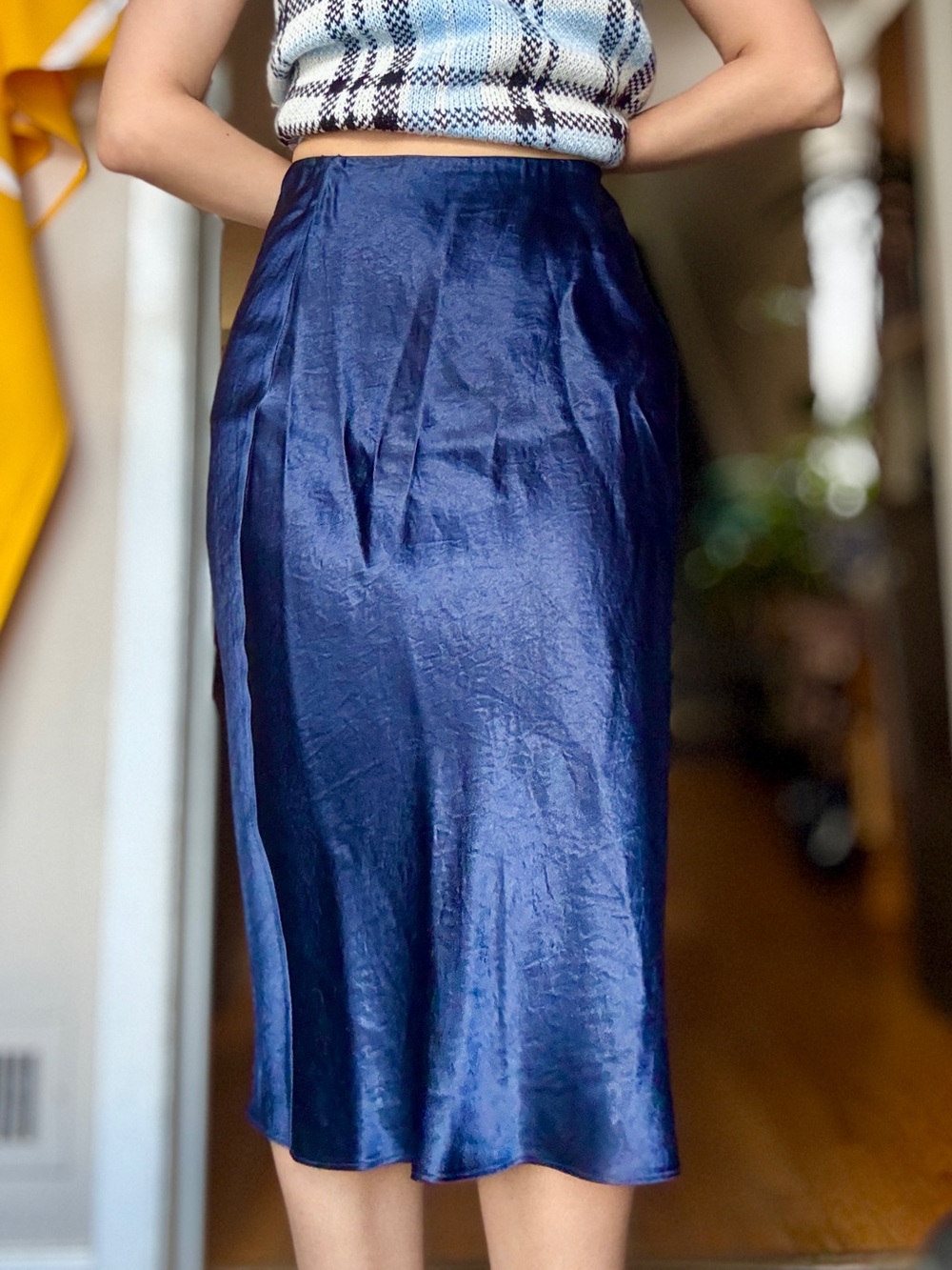 Classic Navy Satin Midi Skirt - Women